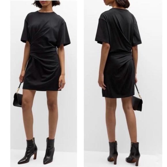 FRAME Draped Knit Organic Cotton Ruched Short Sleeve Crew Neck Mini Shirt Dress - Picture 1 of 12